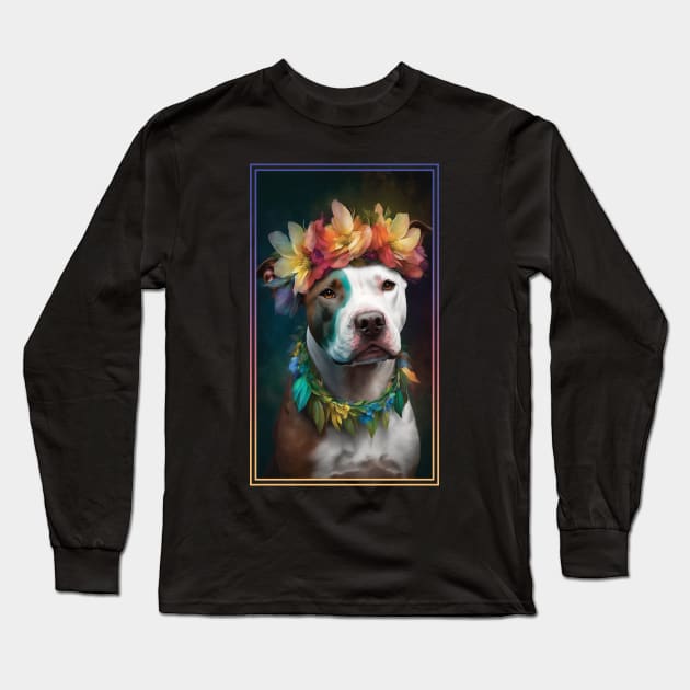 American Staffordshire Terrier Pitbull Vibrant Tropical Flower Tall Digital Oil Painting Portrait  8 Long Sleeve T-Shirt by ArtHouseFlunky